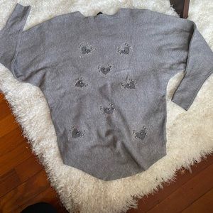 Beautiful Gray Sweater with black and diamond rhinestone hearts and pearls